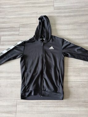 Men’s Adidas Black Hoodie with White Shoulder Stripes (Medium)